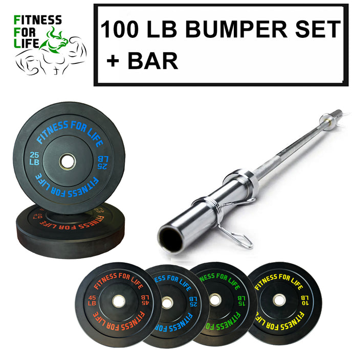 100 Lb Bumper Plates set with 6 ft bar