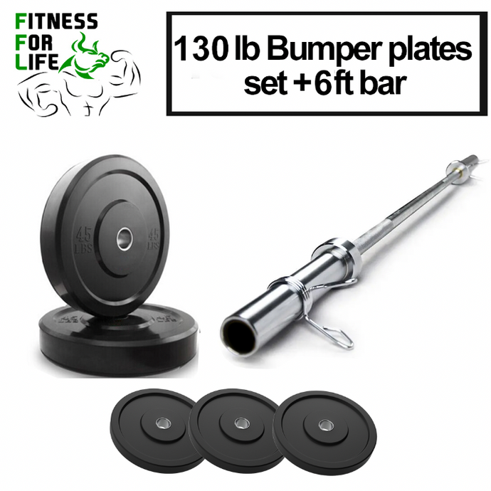 130 Lb Bumper Plates set with 6 ft bar