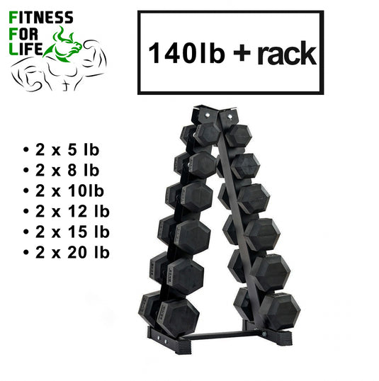 140 lb HEX Dumbbells set + Rack