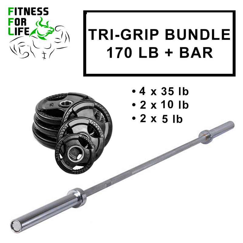 Load image into Gallery viewer, 170 lb Rubber Plates Tri Grip Bundle + bar
