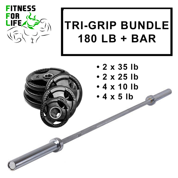 180 lb Rubber Plates Tri Grip Bundle + bar