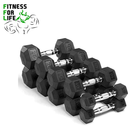 HEX Rubber Dumbbells 5-100 Bundle + Rack