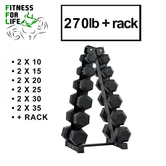 270 lb HEX Dumbbells set + Rack