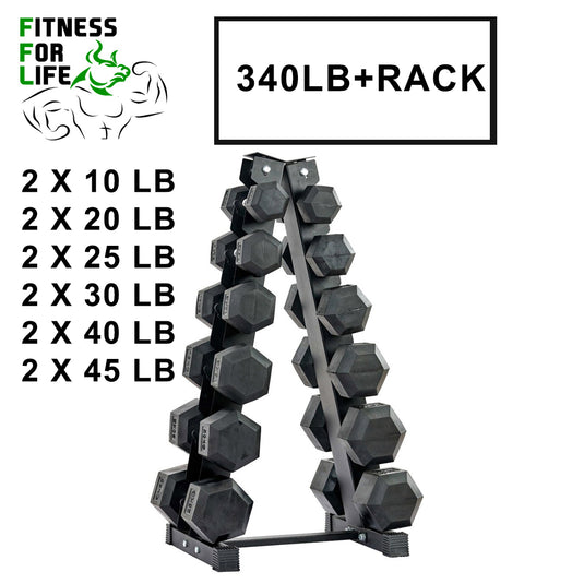 340 lb HEX Dumbbells set + Rack