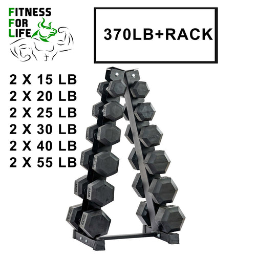 370 lb HEX dumbbells set + rack