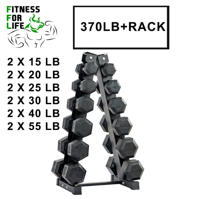 370 lb HEX dumbbells set + rack