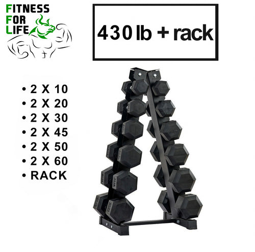 430 lb HEX Dumbbells set + Rack ***(45 lb Back-Order 15 Jan )***