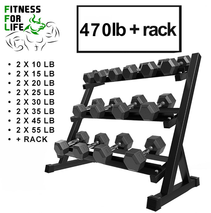 470 lb HEX Dumbbells Set + Rack  **(45, 55 lb Back Order 15 Jan.)**