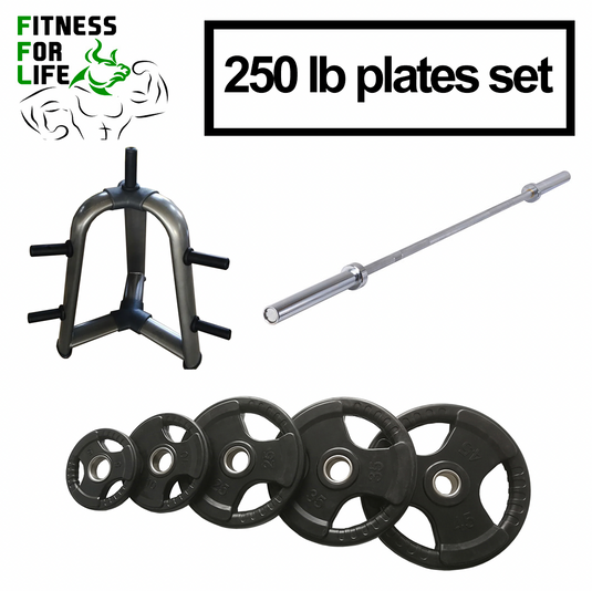 250 lb Tri Grip Weight Plates Set + Bar + Rack