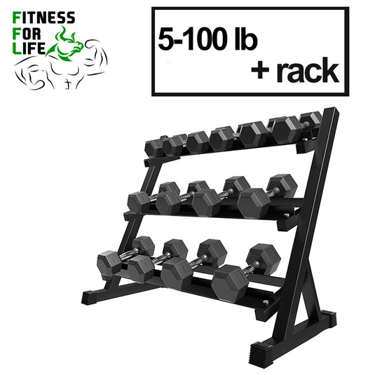 HEX Rubber Dumbbells 5-100 Bundle + Rack