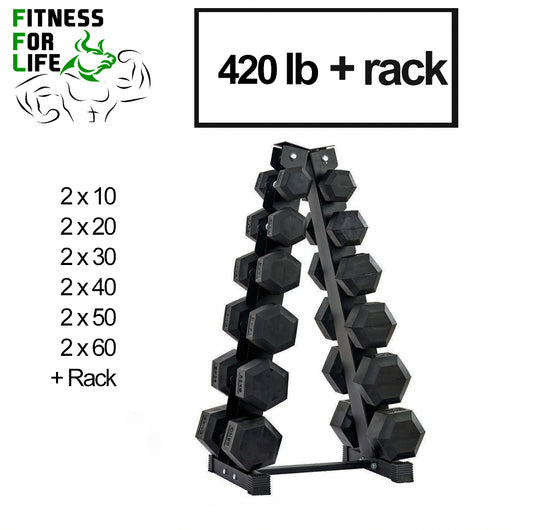 420 lb HEX Dumbbells set + Rack