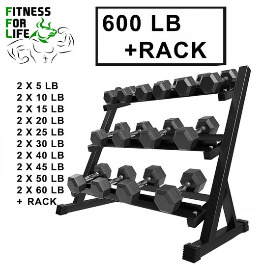 600 lb HEX Dumbbells Set + Rack