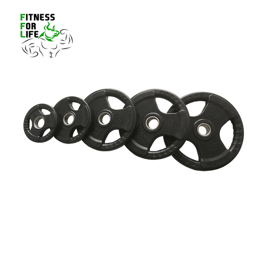 250 lb Tri Grip Weight Plates Set + Bar + Rack