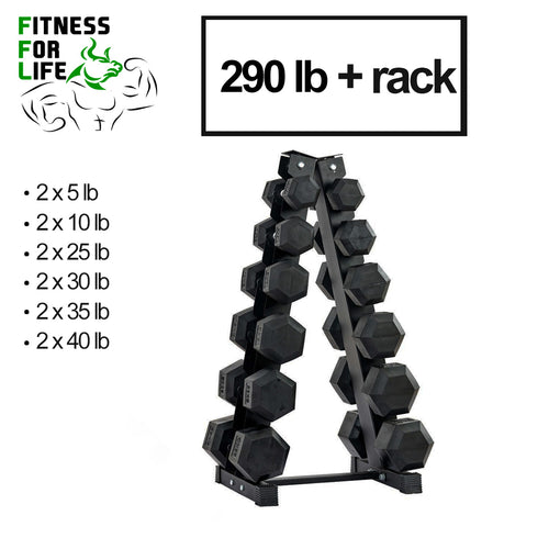 290 lb HEX Dumbbells set + Rack